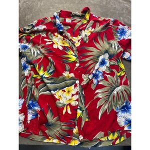 Makai Beach Mens XL Hawaiian Shirt Red Tropical Floral Hibiscus Short‎ Sleeve